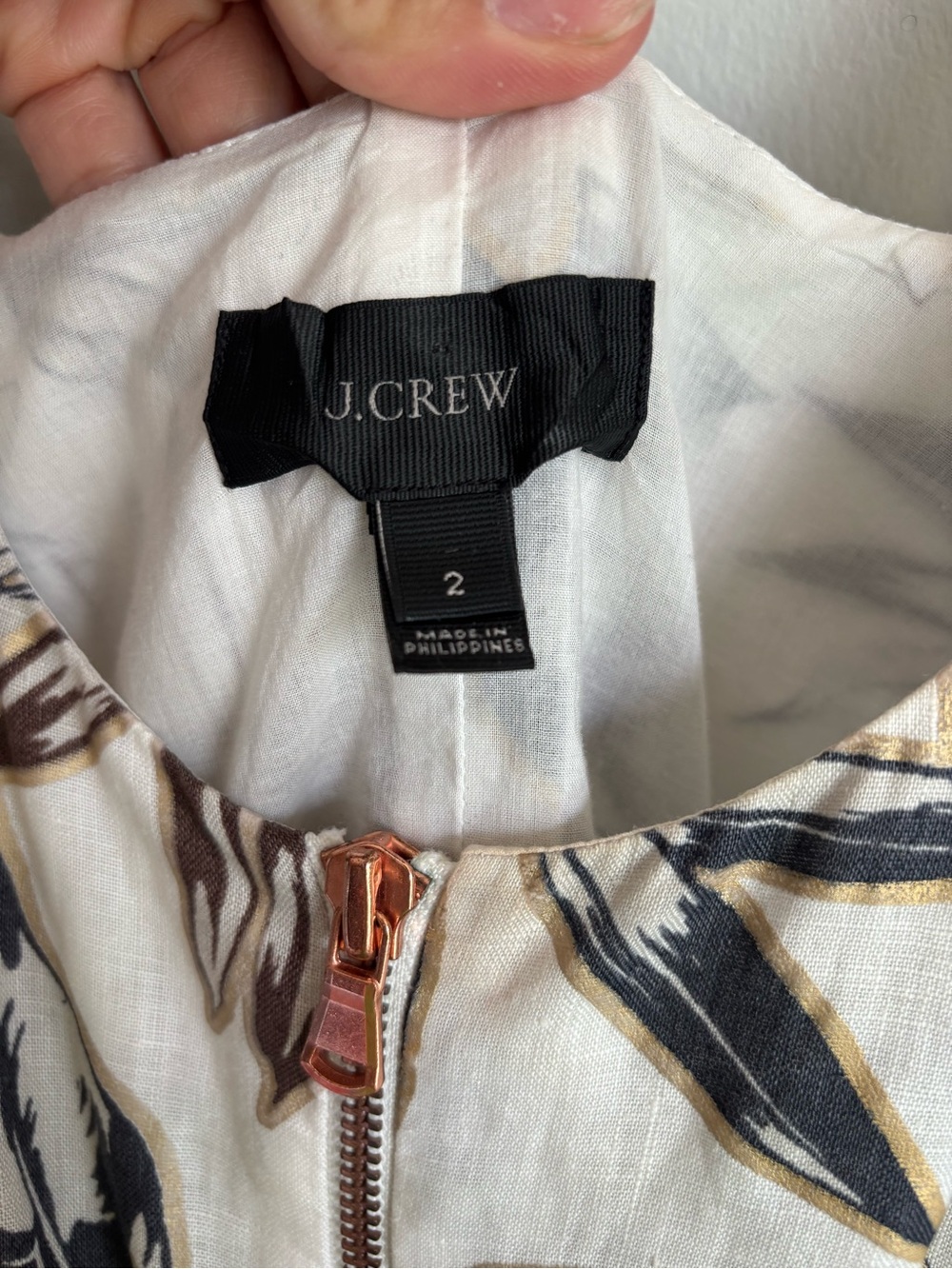 J.CREW Gold Foil Leaf Botanical Stretch Waist Front Zip Linen Dress 2 - Picture 5 of 9
